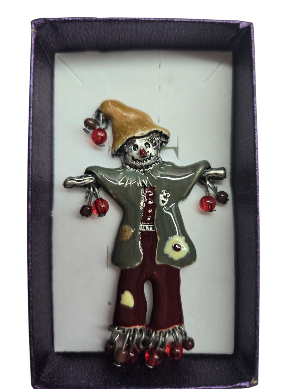 Vintage Whimsical Scarecrow Enamel Pin Brooch - Olive, Maroon & Mustard